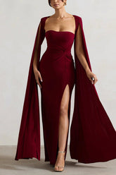 Maroon Extented Cape Sleeve Maxi Dress
